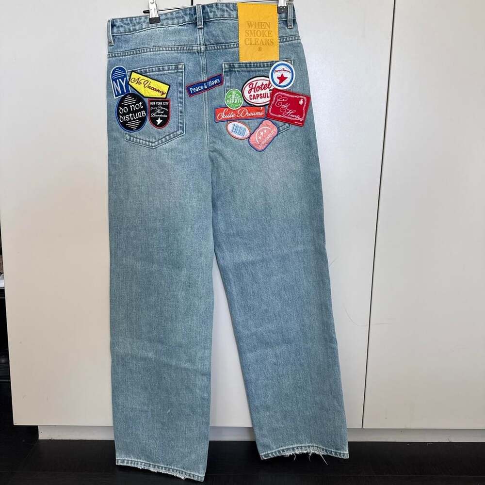 When Smoke Clears Travel Denim Baggy Jeans Size 30 Vintage Blue Patches